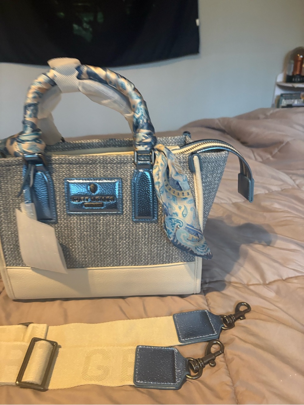 Kurt Geiger Blue and Cream Textured Satchel with Scarf-Wrapped Handles